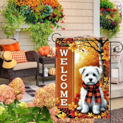 Thanksgiving Fall Garden Flag 12x18 Inch Welcome West Highland White Terrier Dog Outdoor Flag Double Sided Autumn Yard Banner with Plaid Scarf and Leaves Decor for Porch Lawn Patio