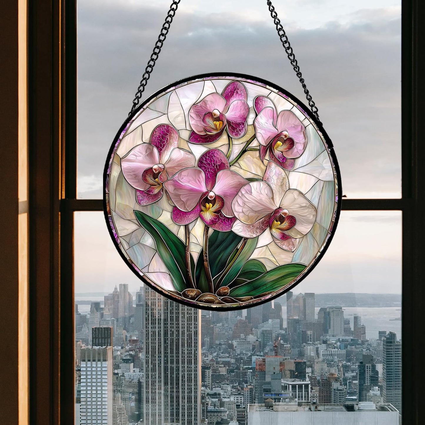 Stained Glass Window Hanging - Pink Purple Phalaenopsis Flowers Sun Catcher for Door Home Decor Plant Suncatcher Christmas Mother's Day Birthday Gifts for Women Men Mom Nana 6.3 in