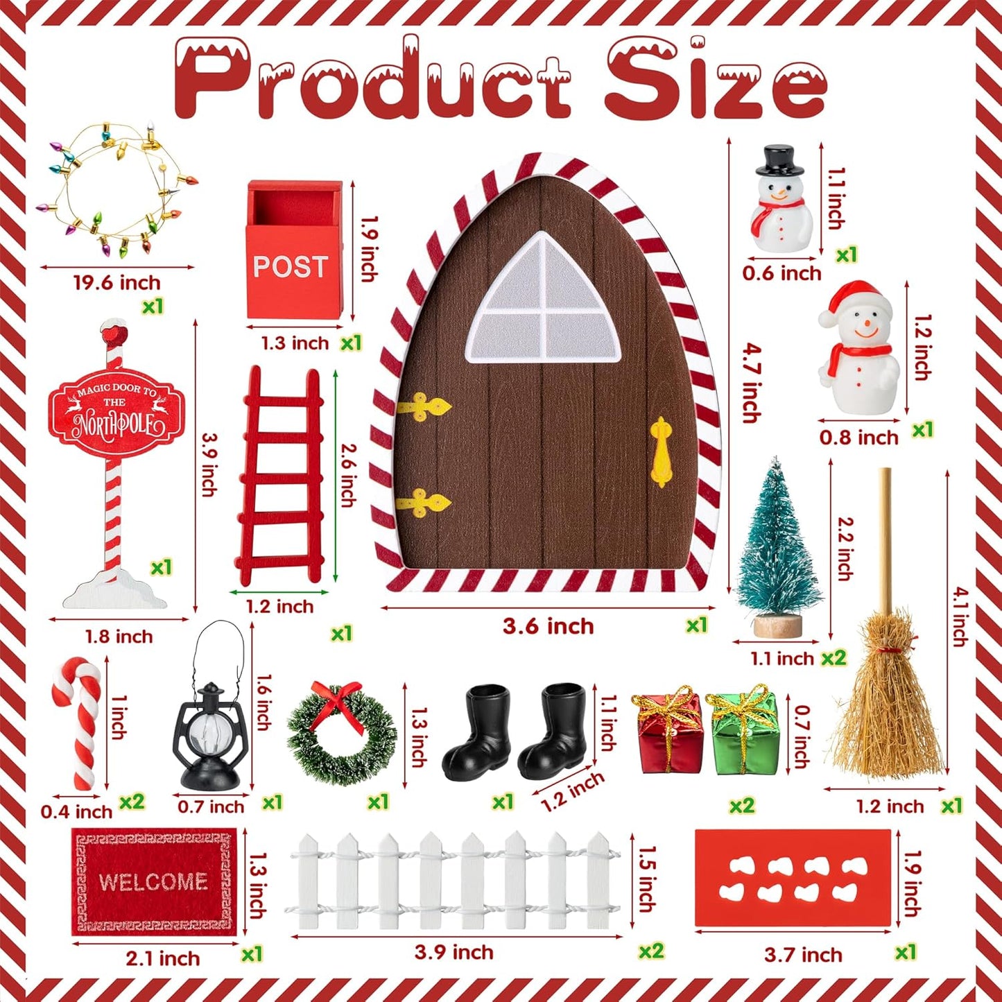 Haooryx Christmas Magic Wooden Miniature Fairy Doors Accessories - 22Pcs Christmas Elf Magic Door for Wall Fairies Magical Door Decoration Christmas Party Outdoor Xmas Decor (Red & White Border)