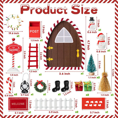 Haooryx Christmas Magic Wooden Miniature Fairy Doors Accessories - 22Pcs Christmas Elf Magic Door for Wall Fairies Magical Door Decoration Christmas Party Outdoor Xmas Decor (Red & White Border)