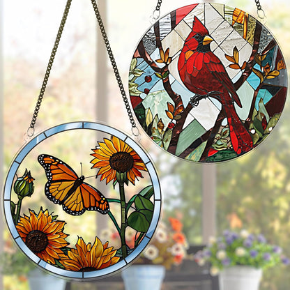 2 Cardinal Butterfly Acrylic Suncatcher, Art Decor for Home, Suncatcher for Window Hanging Indoor, Garden, Housewarming, Gift for Mom, Grandma, Women, Friend, Bird Lover SCB-A6-B4