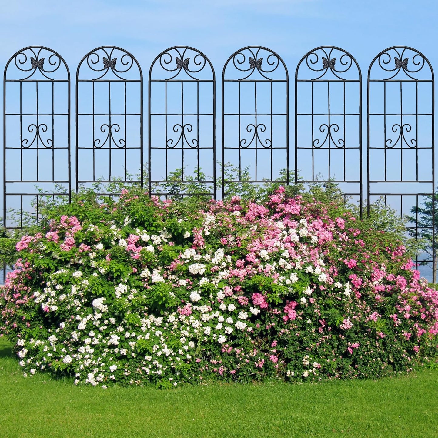 6 Pack Metal Garden Trellis 87" Tall for Climbing Plants Garden Fence Rustproof Outdoor Trellis Support Roses Flower Lawn, Black 7.2FT
