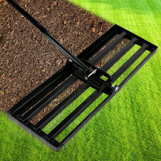 Lawn Leveling Rake 30 x 10 Inch Stainless Steel Heavy Duty Ground Leveler, Flipping-Resistant Smooth Edge, Adjustable Handle 28–60 Inches for Backyard Landscape, Garden, Golf Course, Farm, Pasture.