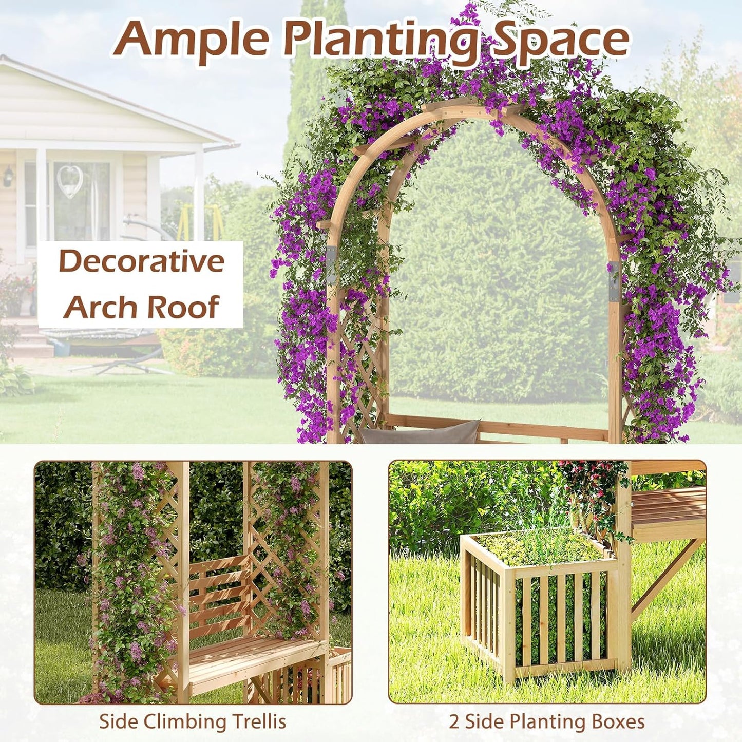 Happygrill Garden Arbor with Bench & 2 Planter, Wooden Garden Arch for Climbing Plants w/Love Seat, 2 Trellises & Planting Box to Grow Grapes & Vines, 2-Person Outdoor Wood Seating for Patio, Backyard
