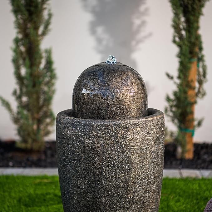 XBrand 25.98" H Round Stone Indoor/Outdoor Modern Stone Textured Sphere Water Fountain w/LED Lights, Ball Water Fountain Decor, Garden Sphere Fountain, Patio Fountain, Outdoor Fountain, Bronze