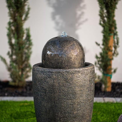 XBrand 25.98" H Round Stone Indoor/Outdoor Modern Stone Textured Sphere Water Fountain w/LED Lights, Ball Water Fountain Decor, Garden Sphere Fountain, Patio Fountain, Outdoor Fountain, Bronze