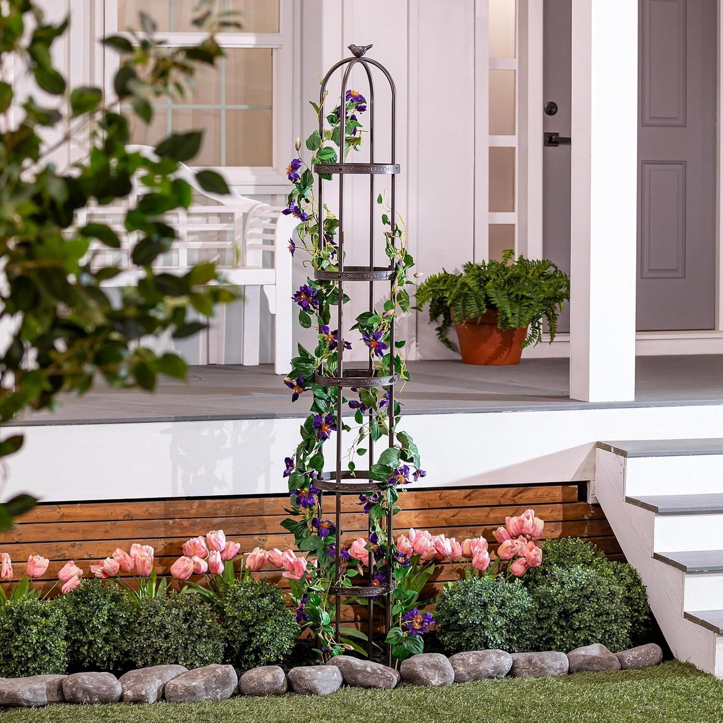 Evergreen 7 Feet Garden Metal Garden Obelisk Trellis for Climbing Plants Outdoor | Indoor Plant Trellis for Potted Plants | Floral Pattern Arch Trellis | Bronze
