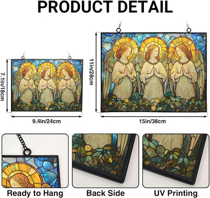 Rectangle Art Nouveau Angel Choir Suncatcher Stained Glass Window Hanging Handmade Stained Glass Suncatchers Metal Chain Outdoor Garden Decor Gift for Women Christmas Thanksgiving