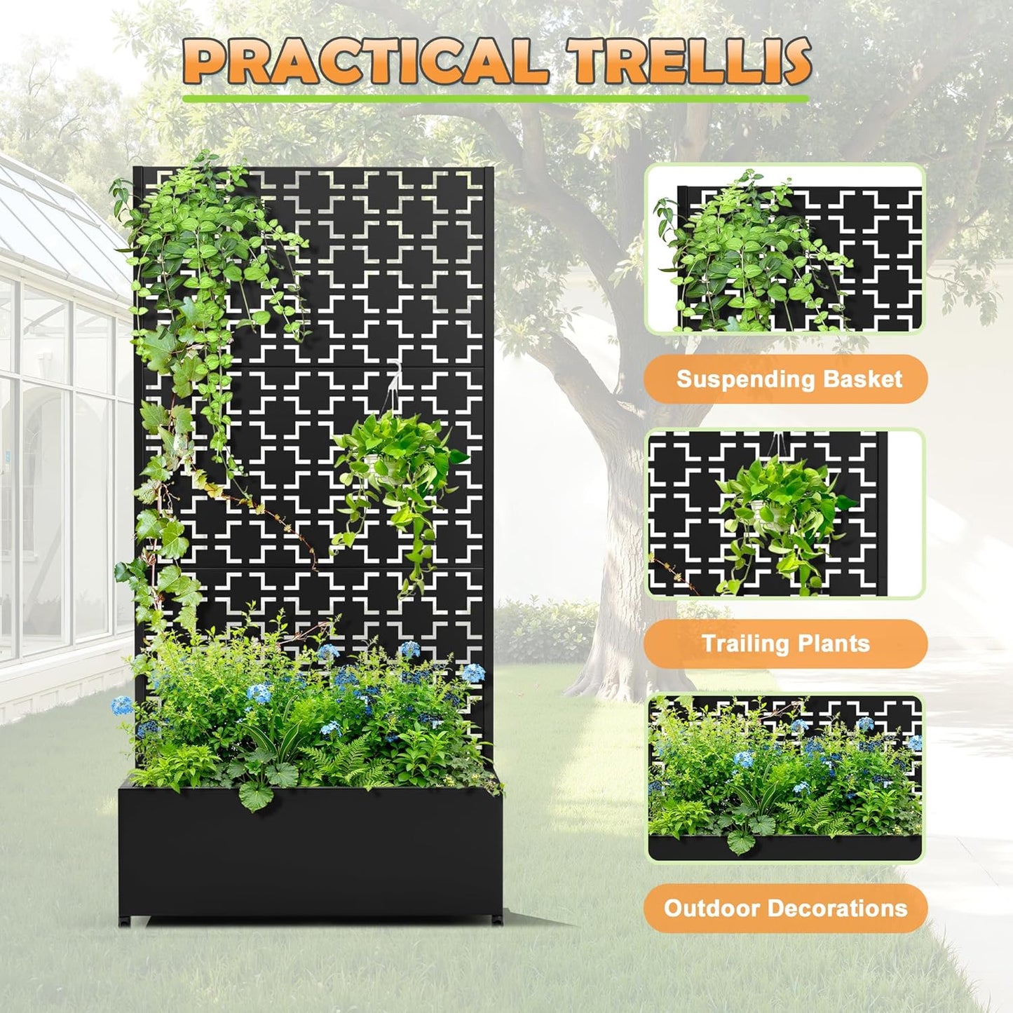 Metal Raised Garden Bed with Trellis, 2-in-1 Planter Box & Privacy Screen for Climbing Plants, Outdoor Standing Flower Bed with Drainage Holes, 35.4" L x 15.7" W x 70.1" H, Black-Square