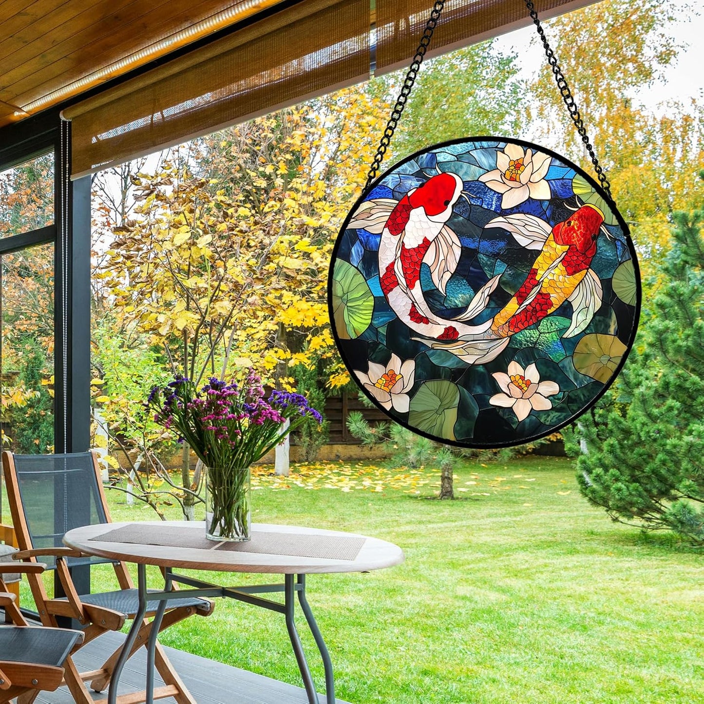 Stained Glass Window Hanging, Koi and Lotus Sun Catcher for Door Home Decor Fish Suncatcher Christmas Mother's Day Birthday Gifts for Women Men Mom and Nana 7.8 in