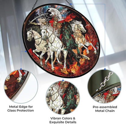 Four Horsemen of The Apocalypse Suncatchers for Windows,6.3” Stained Glass Window Hangings,Hand-Painted Glass Panel Perfect for Home Décor