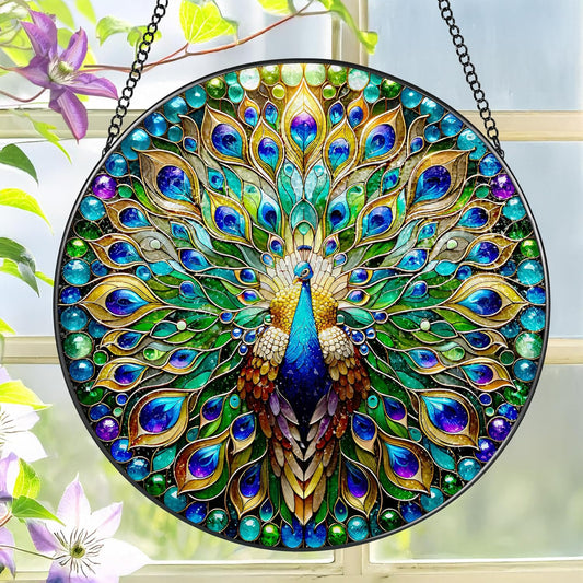 Stained Glass Window Hanging, LAOWEIKI 8'' Peacock Suncatcher, Stained Glass Ornament, Suncatchers