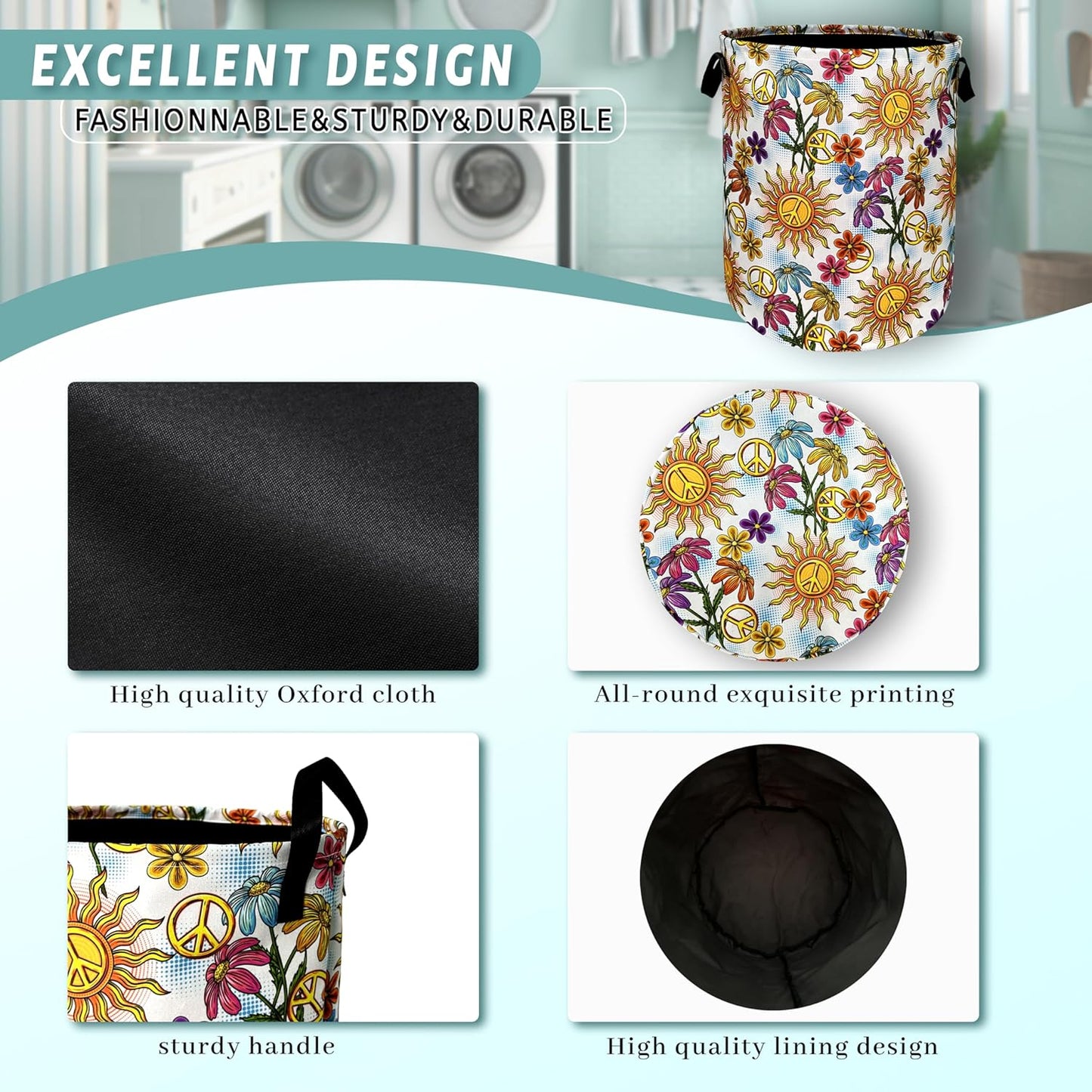 Colorful Hippie Peace Flowers Laundry Basket Foldable With Handles Tote Bag Oxford Cloth Funny Laundry Hamper Clothes Storage Bucket Toy Organizer For Bathroom/Laundry/Bedroom 18.9"x16.5 "