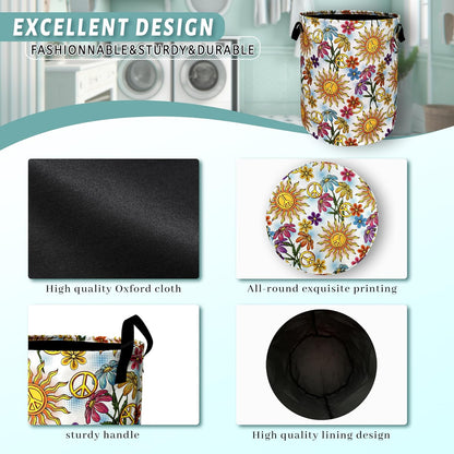 Colorful Hippie Peace Flowers Laundry Basket Foldable With Handles Tote Bag Oxford Cloth Funny Laundry Hamper Clothes Storage Bucket Toy Organizer For Bathroom/Laundry/Bedroom 18.9"x16.5 "