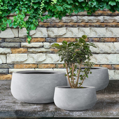 Kante 19.6",15.7",11.8" Dia Round Concrete Planters Set of 3, Cement Plant Pots with Drainage Hole and Rubber Plug for Outdoor Indoor Garden Home, Modern Curvaceous Design, Gray