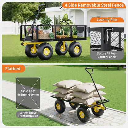Metal Wagon - 900lbs Garden Cart with 10" Multi-Terrain Tires, 4 Removable Mesh Sides & 180° Swivel Handle, Yard Wagon Cart for Lawn, Yard, Patio Gardening