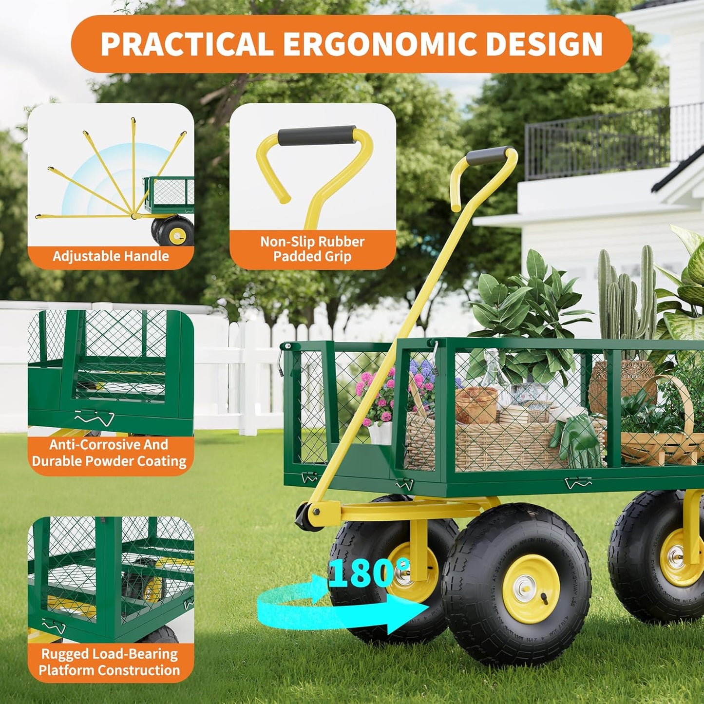 Metal Wagon - 900lbs Garden Cart with 10" Multi-Terrain Tires, 4 Removable Mesh Sides & 180° Swivel Handle, Yard Wagon Cart for Lawn, Yard, Patio Gardening
