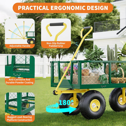 Metal Wagon - 900lbs Garden Cart with 10" Multi-Terrain Tires, 4 Removable Mesh Sides & 180° Swivel Handle, Yard Wagon Cart for Lawn, Yard, Patio Gardening