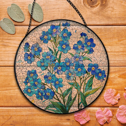 Blue Forget Me Not Flower Suncatcher Stained Glass Window Hanging, Blue Floral Sun Catchers Indoor Window Glass Round Wall Decor, Floral Wall Art Hanging Decorations, ＂7.8x7.8＂