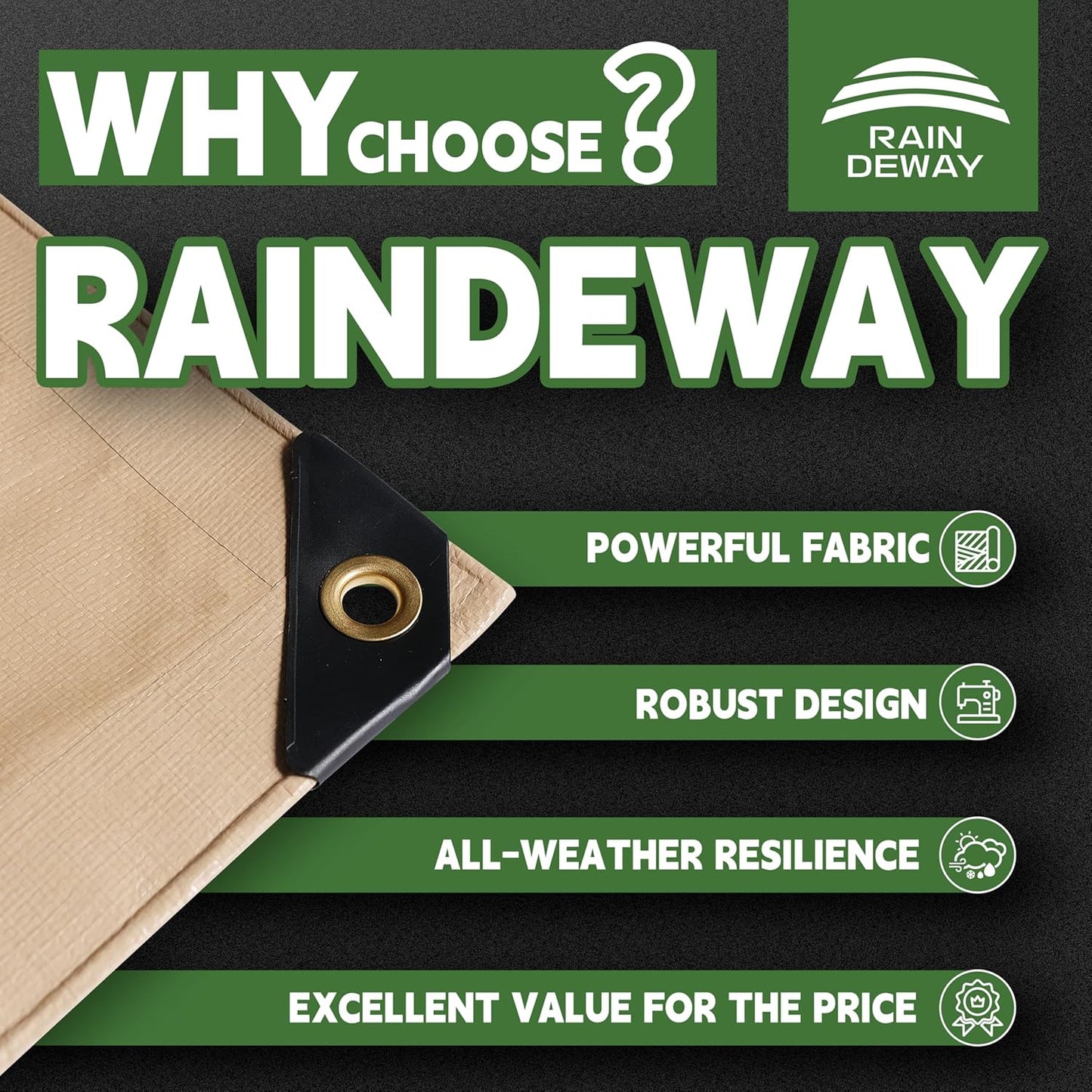 RAINDEWAY 15x30 Feet Heavy Duty Tarp,12 Mil Tan Waterproof Poly Tarp Cover,UV Resistant,Weatherproof,Durable,Multipurpose Tarps with Grommets and Reinforced Edges