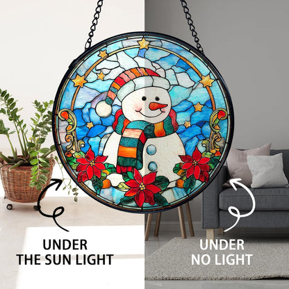 TNUW Snowman Christmas Stained Glass Window Hanging, Snowman Winter Xmas Flowers Sun Catchers Indoor Window Glass Round Wall Art Decor, Christmas Wall Hanging Decorations, 7.9＂x7.9＂