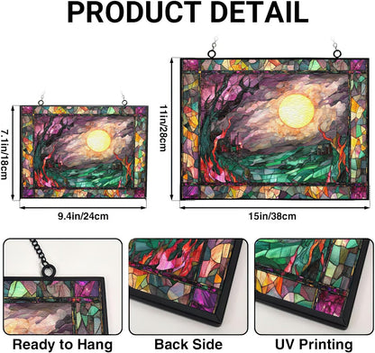 Personalized Rectangle Haunted Night Stained Glass Window Hangings, Handcrafted Stained Glass Suncatchers, Gift for Cat Lovers Nature Lovers 15"x11" Mothers Day
