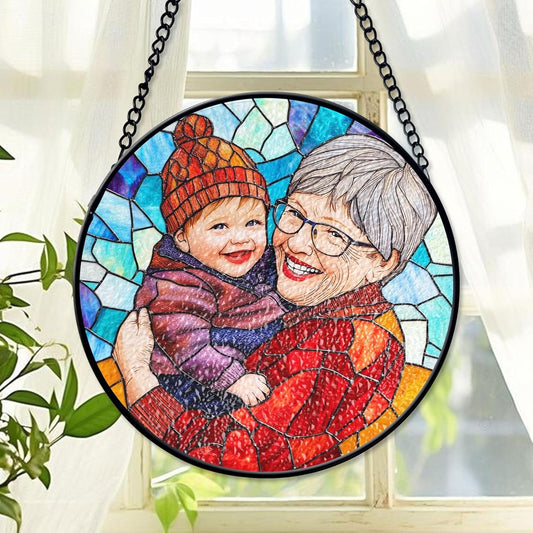 LOVELYPOD Custom Grandma and Grandkids Faux Stained Glass Sun Catcher, Personalized Family Portrait