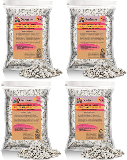 Gardenera Half and Half Mix of Perlite and Vermiculite - 20 Quart - Unlock The Secret to Thriving Plants with a Natural Soil Amendment (4 Bags of 5 Quart)