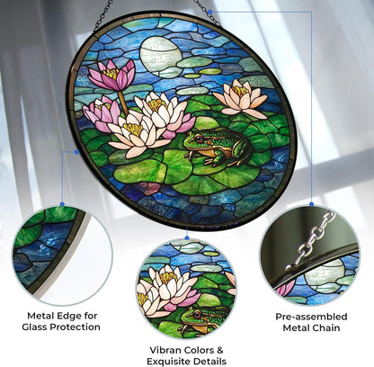 Thanksgiving Frog Lotus Stained Glass Suncatcher Window Hanging, Gothic Christmas Ornaments for Fiction Lovers, Dinosaur Room Decor for Nursery New Home Gifts