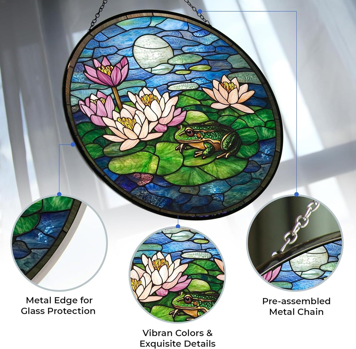 Thanksgiving Frog and Lotus Stained Glass Window Hanging by Clare Donovan, Stained Glass Window Decor Suncatcher for Women, Perfect Home Décor