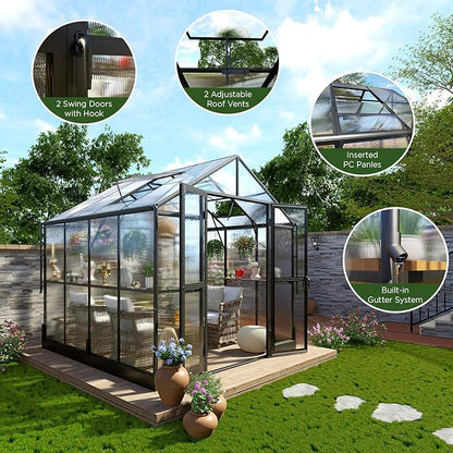 HOWE 8x8x7.5 FT Aluminum Greenhouses for Outdoors,Polycarbonate Greenhouse with 2 Vents Lockable Swing Door Rain Gutter,Walk-in Greenhouse for Backyard Plants, Black