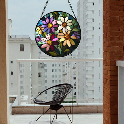 Stained Glass Window Hanging - Colorful Daisies Suncatcher for Door Garden Patio Retro Flower Sun Catchers Decor Christmas Mother's Day Birthday Gifts for Women Mom Nana Aunt Friend 6.3 in
