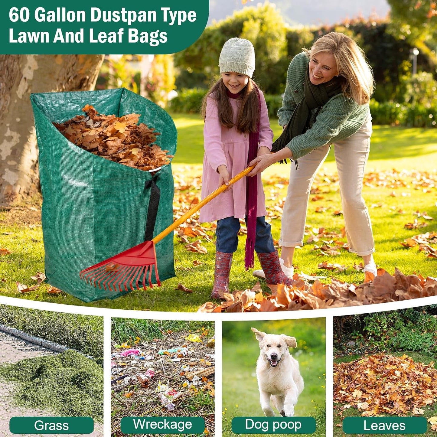 60 Gallon Leaf Collector,Collapsible Lawn & Leaf Bag,Heavy Leaves Pick up Tool Reusable Yard Waste Bags,Large Yard Dustpan Type Garden Bag for Leaves,Debris,Grass,Clippings,Lawn Trash