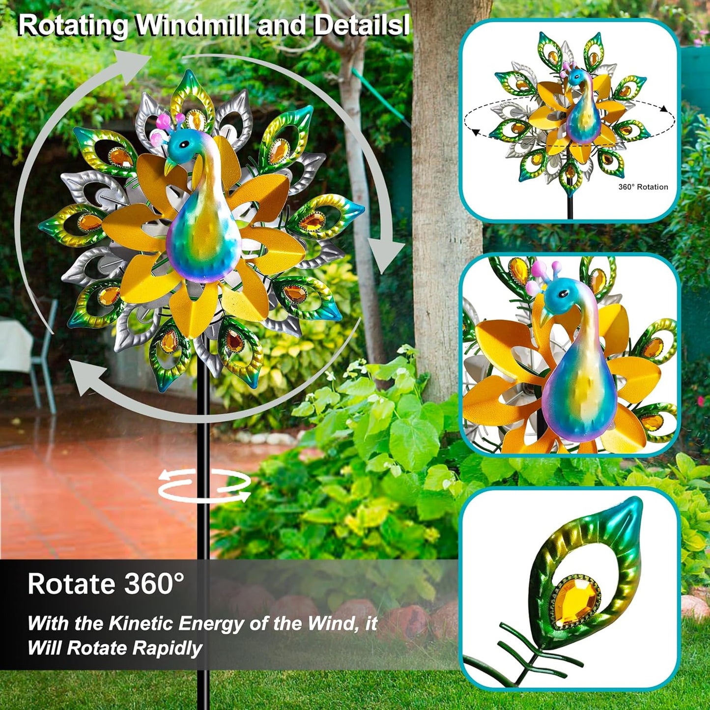 Outdoor Peacock Wind Spinners Featuring Glittering Gem Decor, 13.5" D x 65" H Double Layer Kinetic Wind Sculptures, 360° Rotatable Metal Garden Wind Spinners for Yard and Outdoor Decor Blue