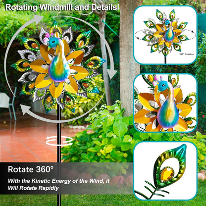 Outdoor Peacock Wind Spinners Featuring Glittering Gem Decor, 13.5" D x 65" H Double Layer Kinetic Wind Sculptures, 360° Rotatable Metal Garden Wind Spinners for Yard and Outdoor Decor Blue