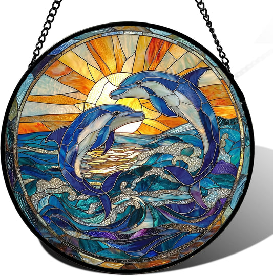 Stained Glass Window Hanging, Blue Dolphin Sun Catchers Colorful Glass Panel Sunrise Sea View