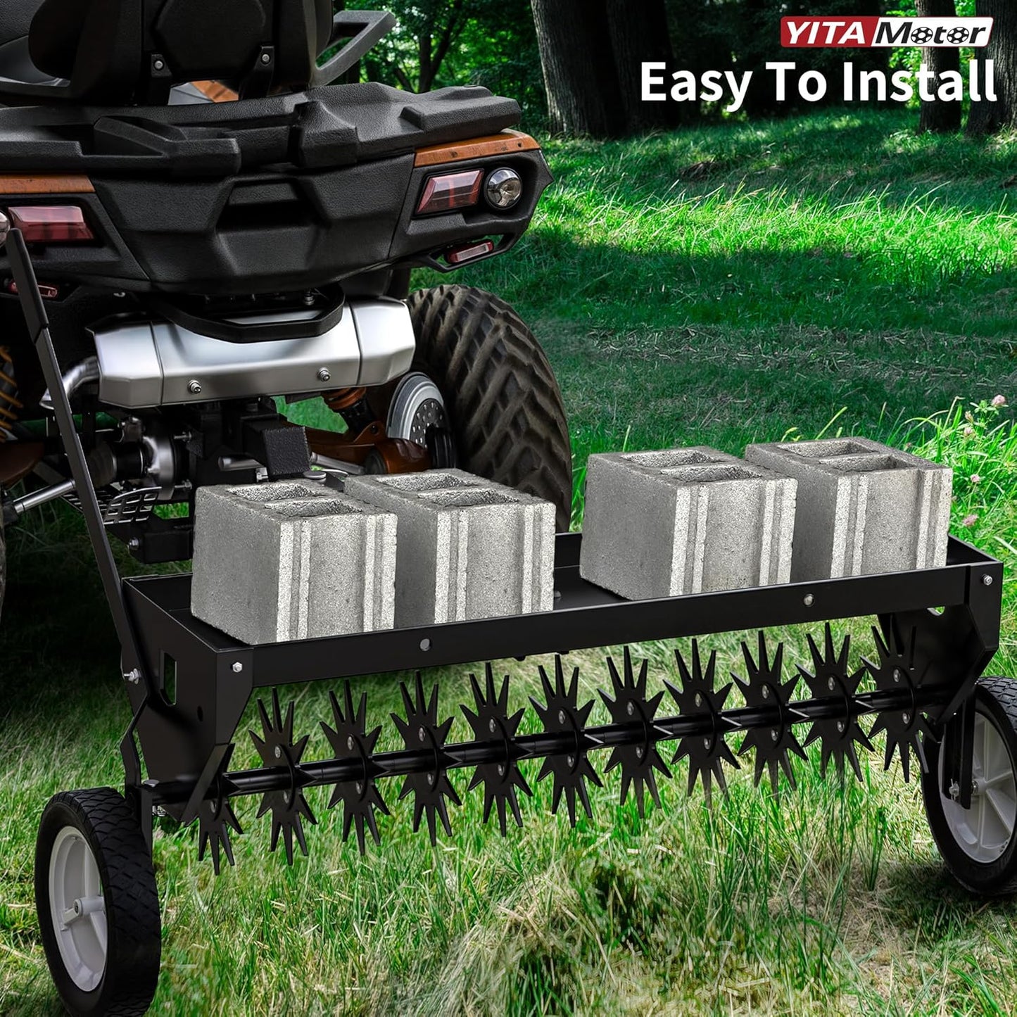 YITAMOTOR 40" Tow Behind Spike Aerator, Durable Lawn Aerator for Soil Penetrator with Transport Wheels & Galvanized Plug Coring Tines & Universal Hitch Tow Bar & Side Control Handle for ATV,Black