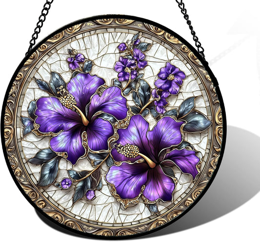 Stained Glass Window Hanging, Purple Flowers Romantic Suncatcher for Doors Home Sun Catchers