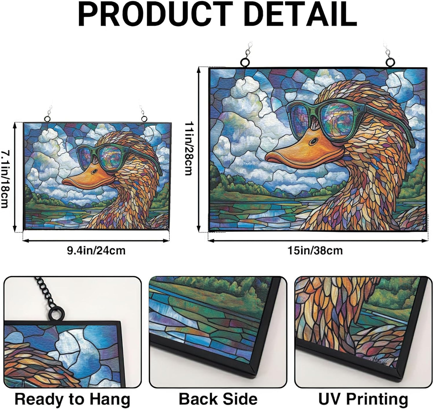 Personalized Rectangle Boho Duck Studying Clouds Stained Glass Window Hanging, Suncatcher for Women, Stained Glass Window Decor Perfect Home Décor