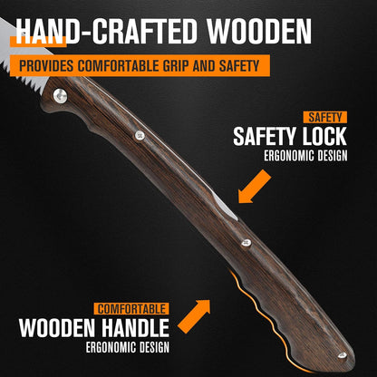 7" Professional Folding Hand Saw - SK5 High Carbon Steel Blade, Ergonomic Wenge Wood Handle, Leather Sheath | Survival Saw for Camping, Bushcraft, Pruning & Tree Trimming with Secure Lock