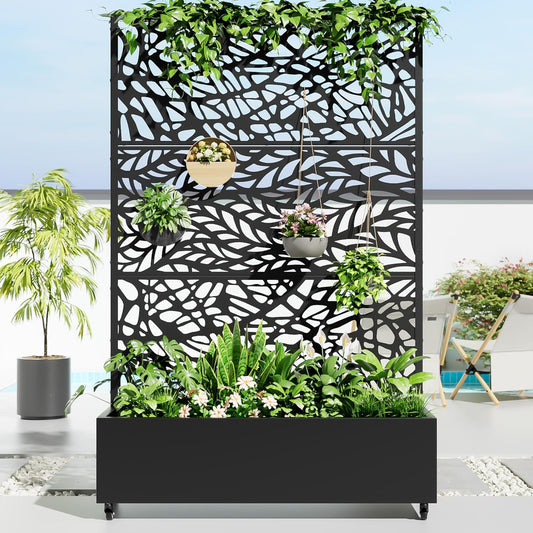 Casaphoria Metal Raised Garden Bed with Trellis and Wheels, 72"x 47"x 16" Planter Box for Climbing Plants, Vegetables & Vines, Features Drainage Holes and Privacy Screen,Black(Black-Spring&Net)