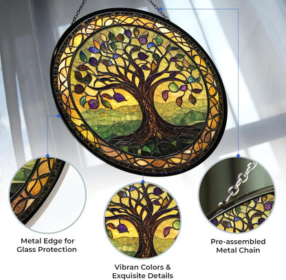 Tree of Life Suncatcher Stained Glass Window Hanging Handmade Stained Glass Suncatchers Metal Chain Outdoor Garden Decor Gift for Women Christmas Thanksgiving (12”x12”)