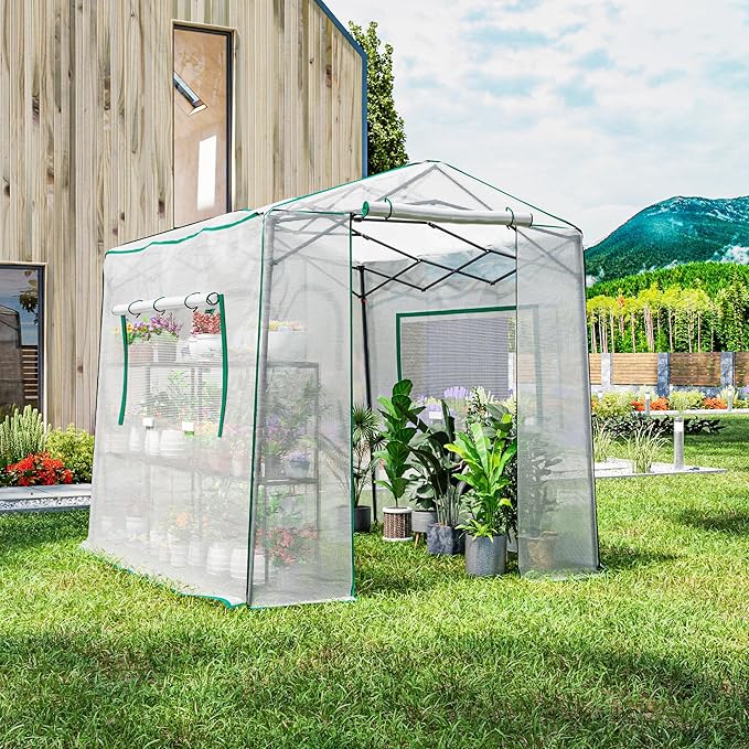 Joyside 8 x 6 FT Outdoor Pop up Greenhouse with Adjutable Reinforced Frame, Durable PE Cover and Mesh Windows, Portable Greenhouse for All Seasons, Easy Set Up (White, 8 x 6 FT)