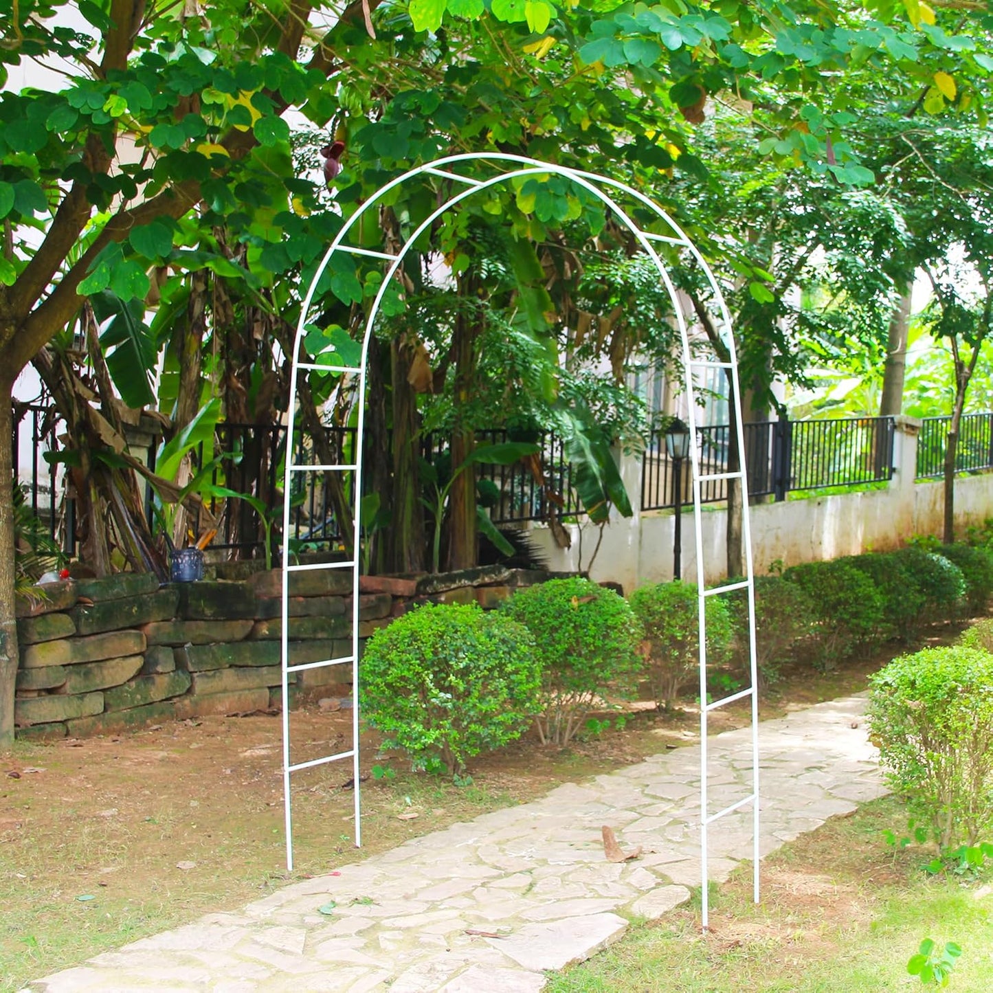 White Iron Pergola Arbor Practical, 7.9 Feet High x 4.6 Feet Wide, Assemble Easily for Various Climbing Plant Wedding Garden Arch Bridal Party Decoration Wide Arbor