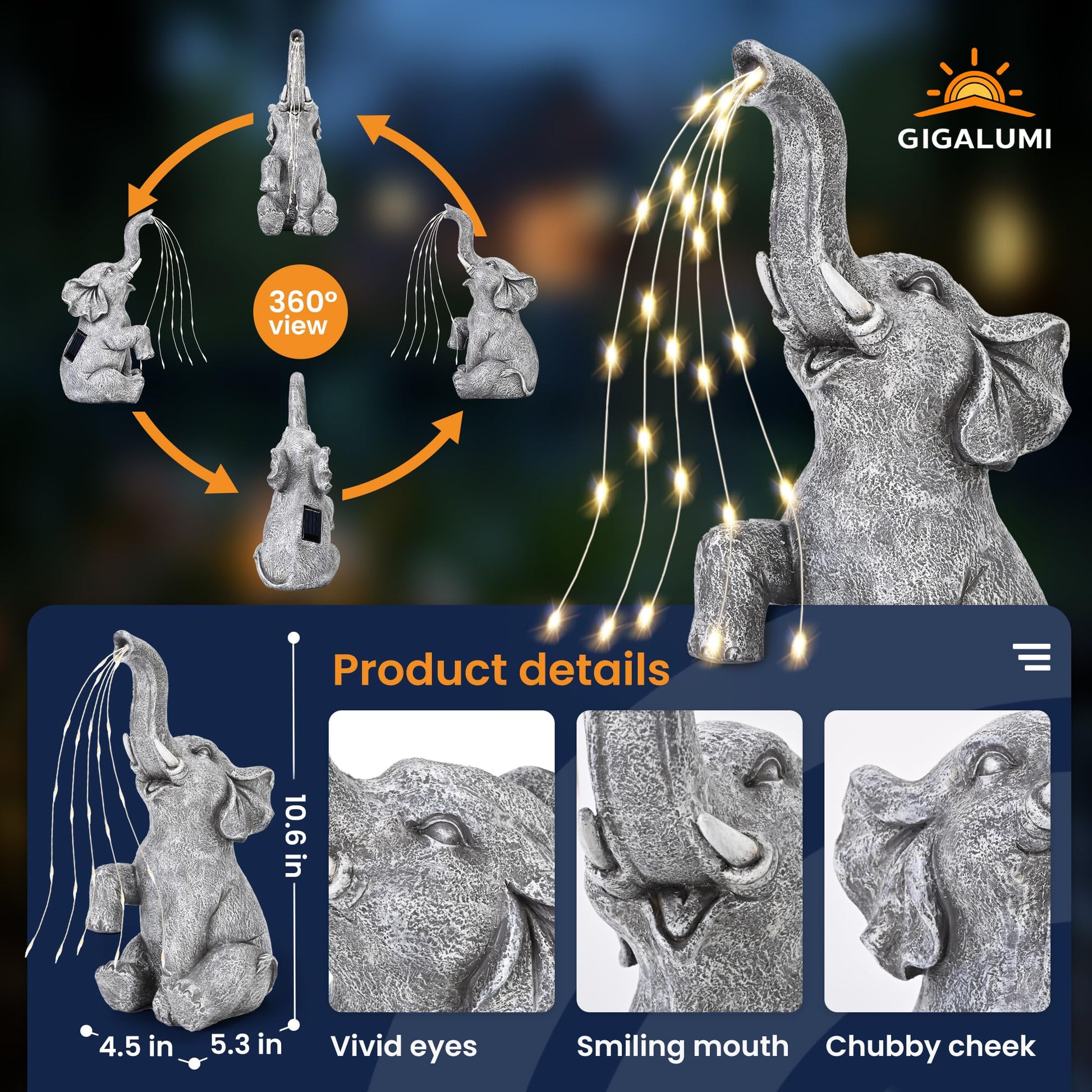 GIGALUMI Elephant Statue Solar Garden Yard Decor Outdoor Gifts for Women