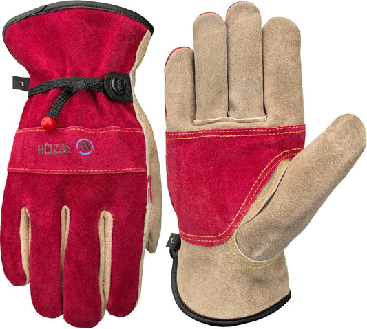 Leather Work Gloves for Women, Large Glove for Gardening, Tig/Mig Welding, Construction, Chainsaw, Farm, Ranch, etc. Cowhide, Cotton Lined, Utility, Firm Grip, Durable. Rose Red - Grey L