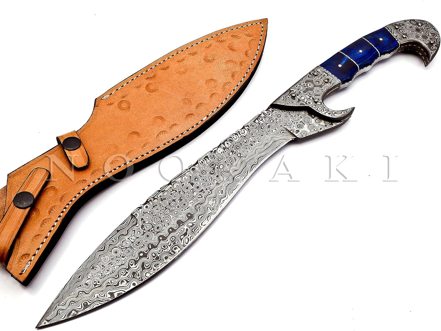 Nooraki - 18 inches Handmade Damascus Steel Machete/Kukri Knife, Bushcraft Knife, Hunting Knife, Camping Knife, Collectors Knife, Full Tang Handle With Leather Sheath - MK-310