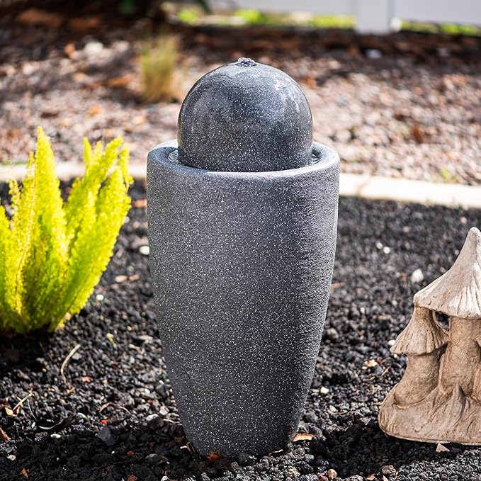 XBrand 25.98" H Round Stone Indoor/Outdoor Modern Stone Textured Sphere Water Fountain w/LED Lights, Ball Fountain Decor, Gray