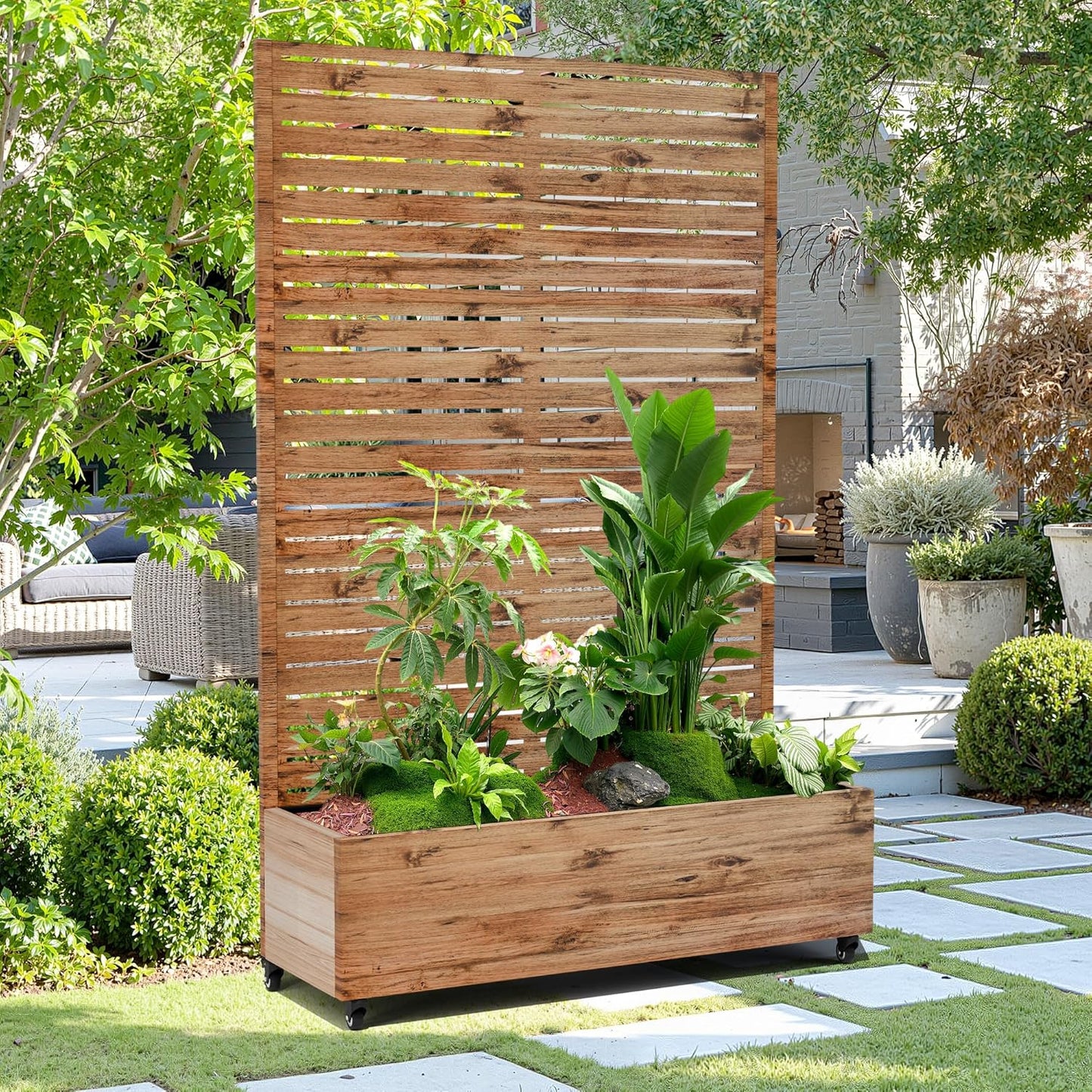 15.7"×70.9"×47.2" Metal Raised Garden Bed with Trellis and Wheels - Tall Trellis Planter Box for Climbing Plants, Vegetables & Vines - Outdoor Privacy Planters for Patio (Natural Wood Grain)