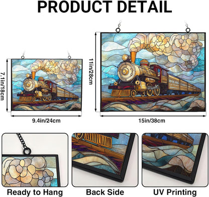 Personalized Rectangle Art Nouveau Steam Train Suncatcher Stained Glass Stained Glass Window Hanging Home Decor Garden Halloween Christmas Wedding Housewarming Gifts